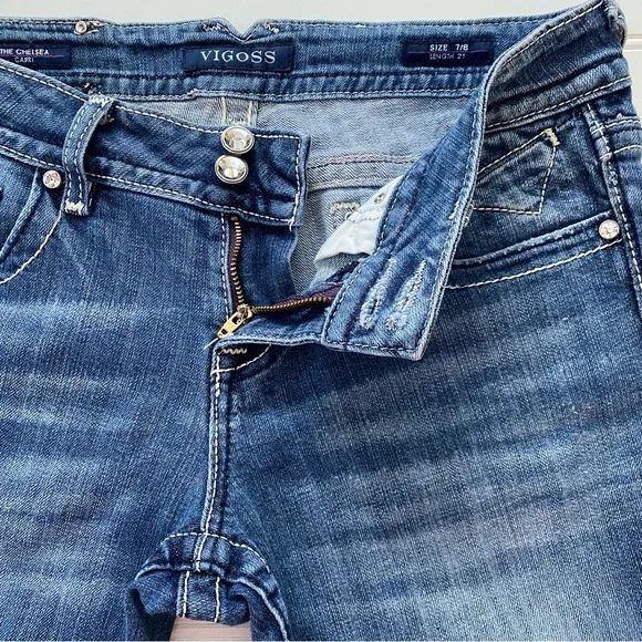 VIGOSS The Chelsea Capri Embroidered Faded Whiskered Stretch Jeans Size 7/8 - Picture 13 of 16